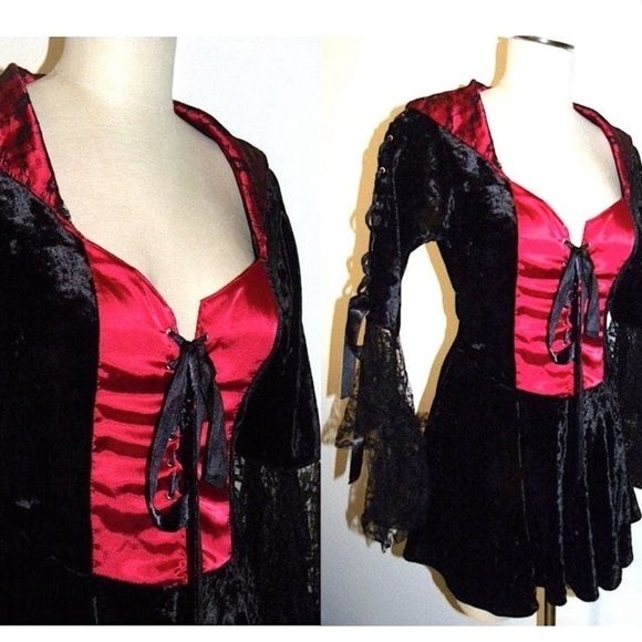 90s Crushed Velvet Black and Red Goth Dress With Lace Bell Sleeves - Picture 3 of 5